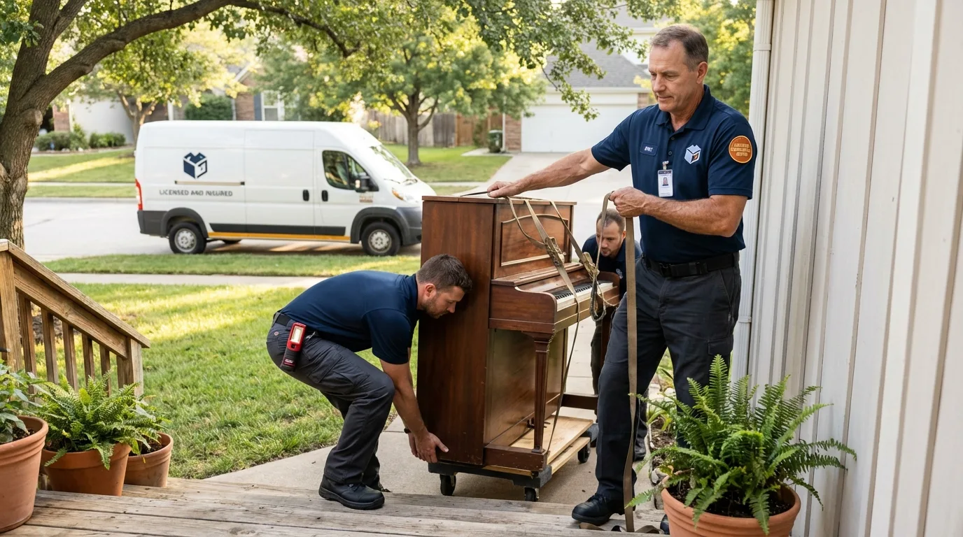 Licensed piano movers securing grand piano in Athens, TN
