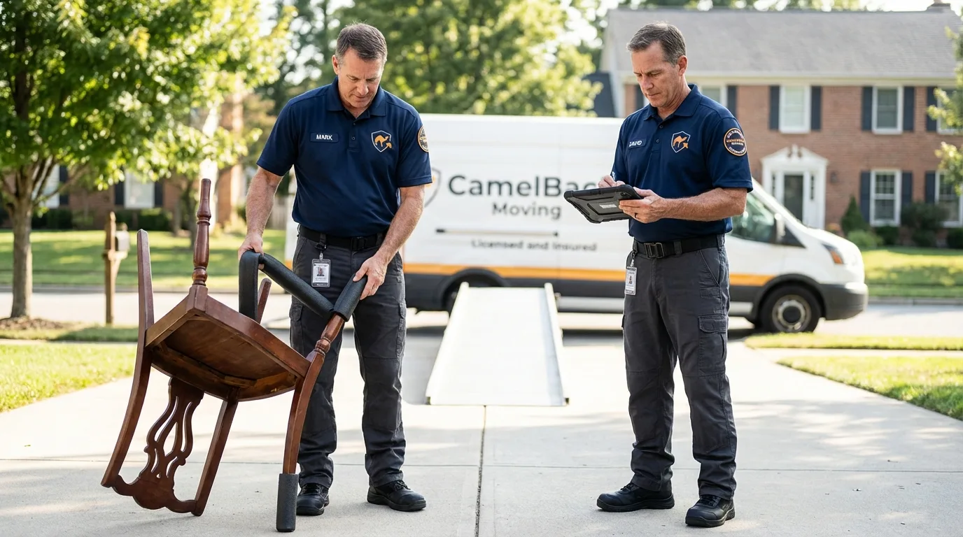 Movers inspecting furniture for damage prevention before loading in Athens, TN
