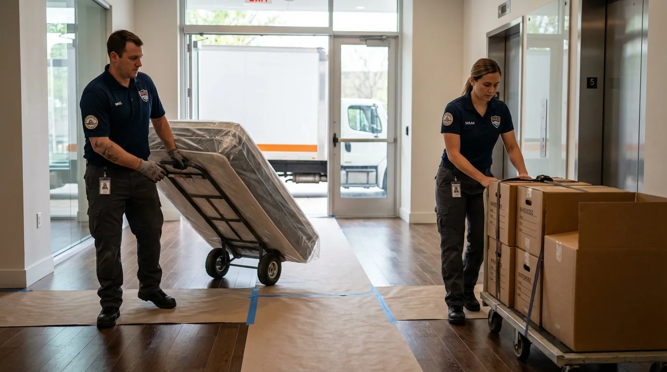 Professional apartment movers loading elevator in Athens, TN